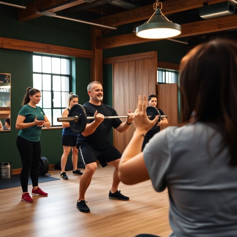 Small group class with coach demonstrating a barbell front squat