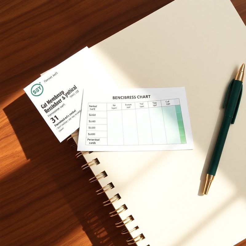 Membership card and printed benchmark progress chart on a cream notebook